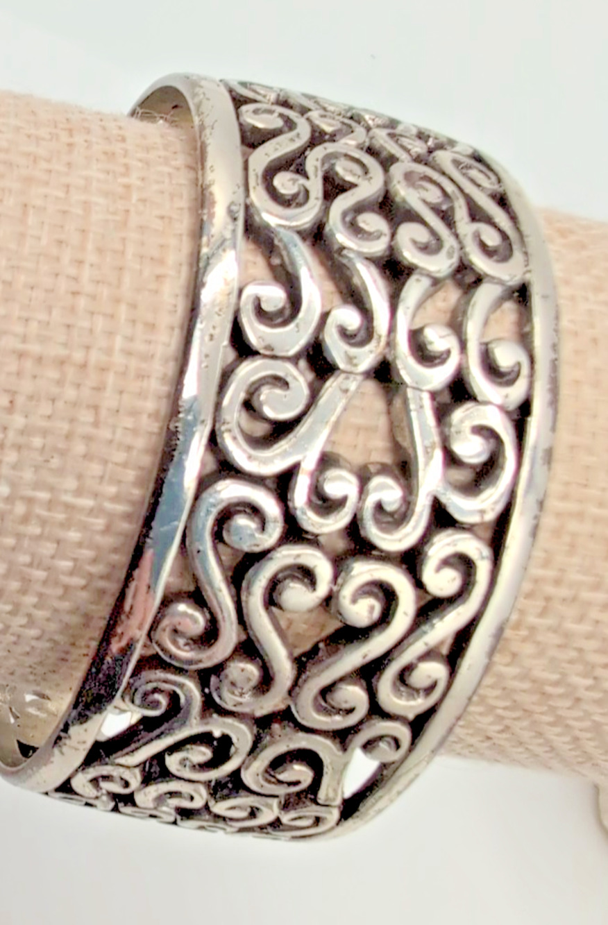 Brighton VIVALDI Silver Open Scrolled Heart Wide Cuff Bracelet READ